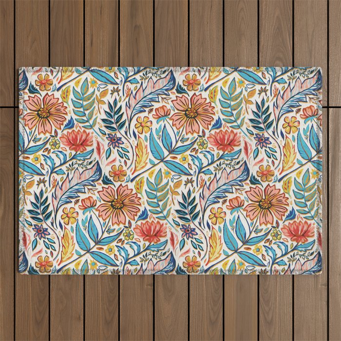 Vivid Colorful Art Nouveau Floral Outdoor Rug Gallery Image 1