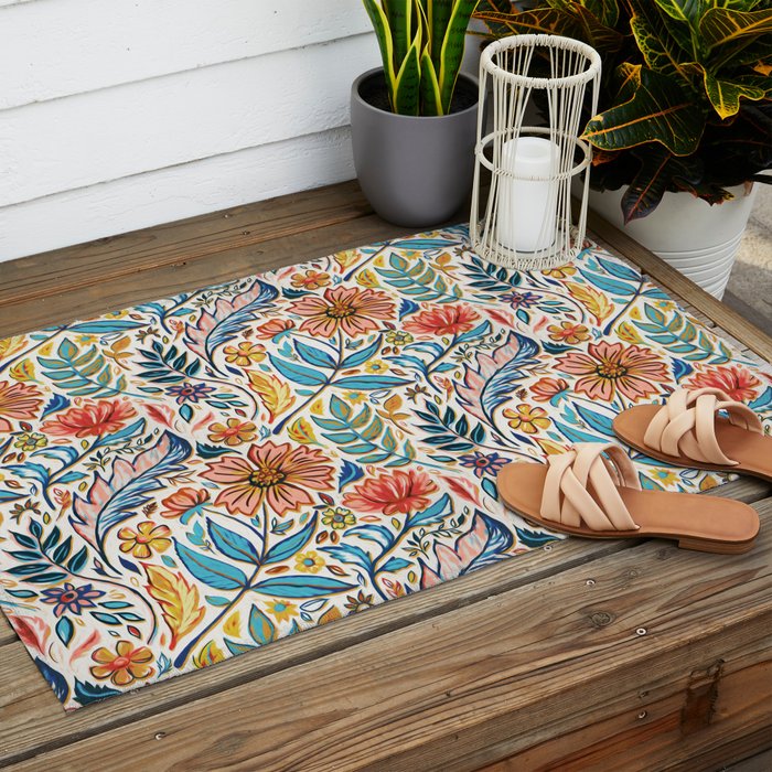 Vivid Colorful Art Nouveau Floral Outdoor Rug Gallery Image 2