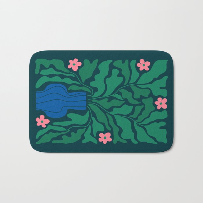 Summer Bloom: Pine Green Leaves & Pink Poppies Bath Mat Gallery Image 1