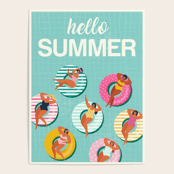 Summer gils on inflatable in swimming pool floats. Poster Gallery Image 1