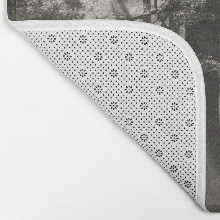 Pathway of light, sunlight and sunbeams in forest black and white photograph by J W Chapman Taylor Bath Mat Gallery Image 2