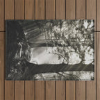Pathway of light, sunlight and sunbeams in forest black and white photograph by J W Chapman Taylor Outdoor Rug Gallery Image 1