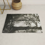 Pathway of light, sunlight and sunbeams in forest black and white photograph by J W Chapman Taylor Rug Gallery Image 1