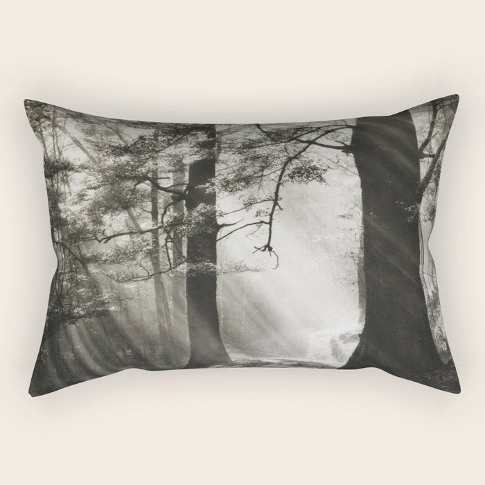 Pathway of light, sunlight and sunbeams in forest black and white photograph by J W Chapman Taylor Rectangular Pillow Gallery Image 1