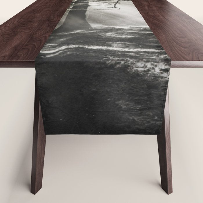 Pathway of light, sunlight and sunbeams in forest black and white photograph by J W Chapman Taylor Table Runner Gallery Image 1