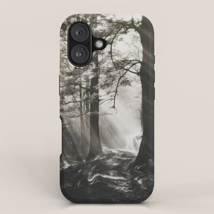 Pathway of light, sunlight and sunbeams in forest black and white photograph by J W Chapman Taylor iPhone Case Gallery Image 1