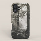 Pathway of light, sunlight and sunbeams in forest black and white photograph by J W Chapman Taylor iPhone Case Gallery Image 1