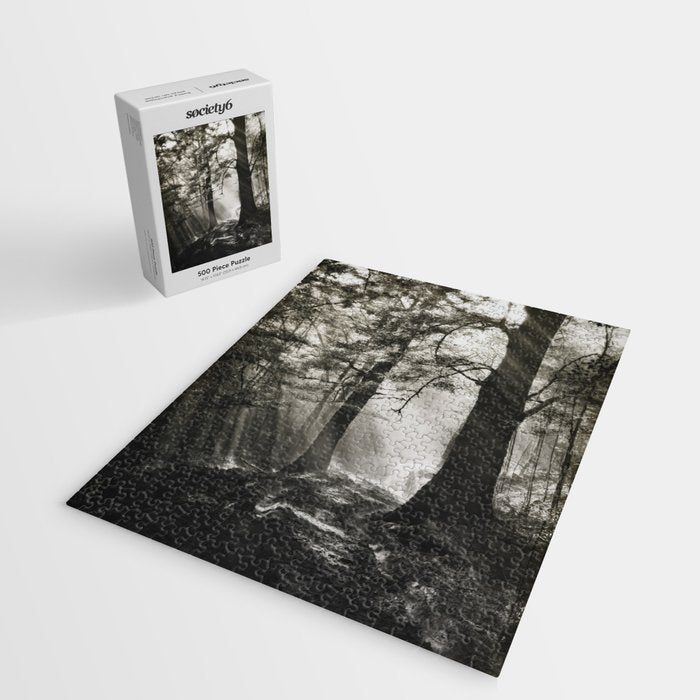 Pathway of light, sunlight and sunbeams in forest black and white photograph by J W Chapman Taylor Jigsaw Puzzle Gallery Image 2