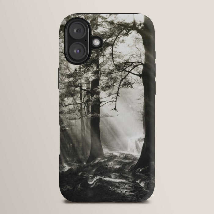 Pathway of light, sunlight and sunbeams in forest black and white photograph by J W Chapman Taylor iPhone Case Gallery Image 14