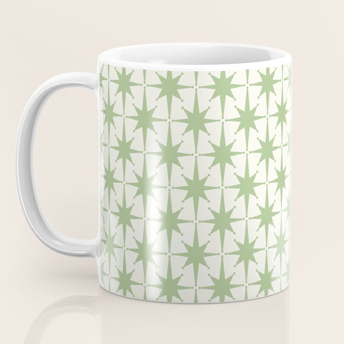 Mid Century Modern Atomic Stars Retro Starbursts Light Sage Green and Cream Pattern Coffee Mug Gallery Image 3