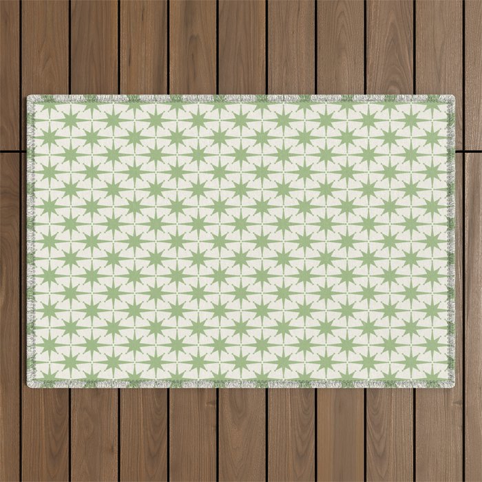 Mid Century Modern Atomic Stars Retro Starbursts Light Sage Green and Cream Pattern Outdoor Rug Gallery Image 1