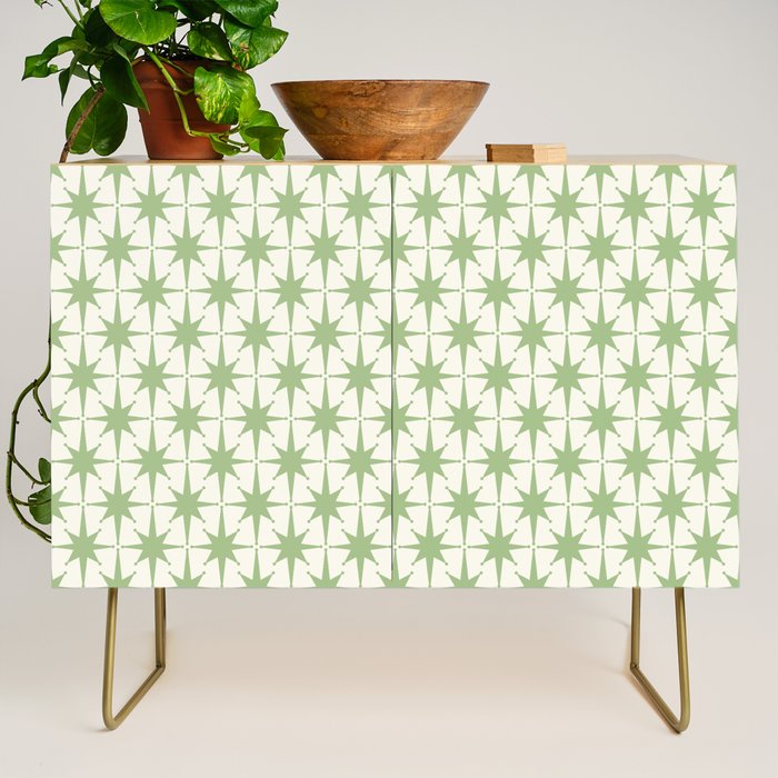 Mid Century Modern Atomic Stars Retro Starbursts Light Sage Green and Cream Pattern Credenza Gallery Image 1