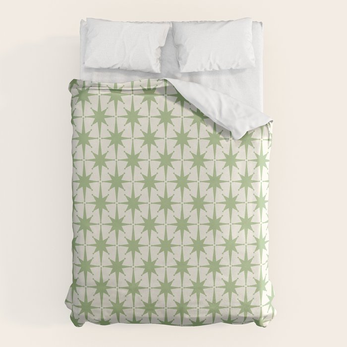 Mid Century Modern Atomic Stars Retro Starbursts Light Sage Green and Cream Pattern Duvet Cover Gallery Image 1