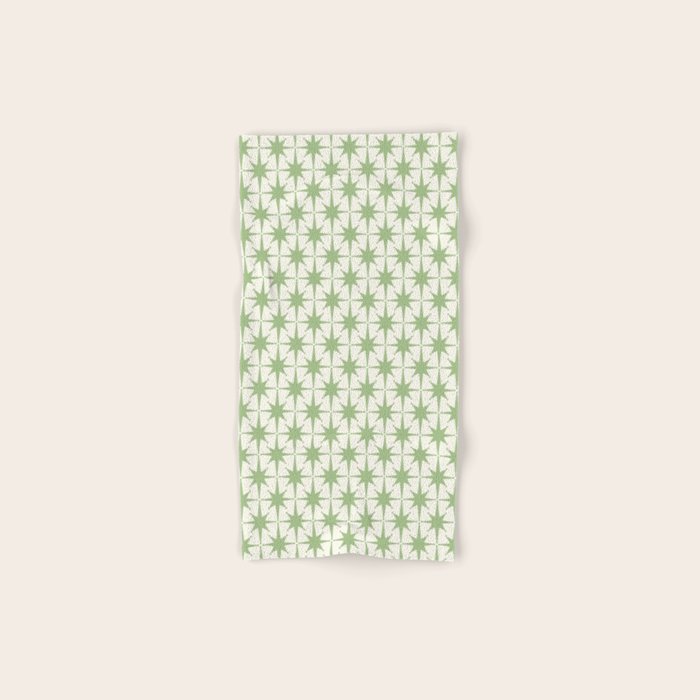 Mid Century Modern Atomic Stars Retro Starbursts Light Sage Green and Cream Pattern Bath Towel Gallery Image 1