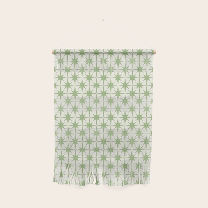 Mid Century Modern Atomic Stars Retro Starbursts Light Sage Green and Cream Pattern Wall Hanging Gallery Image 1