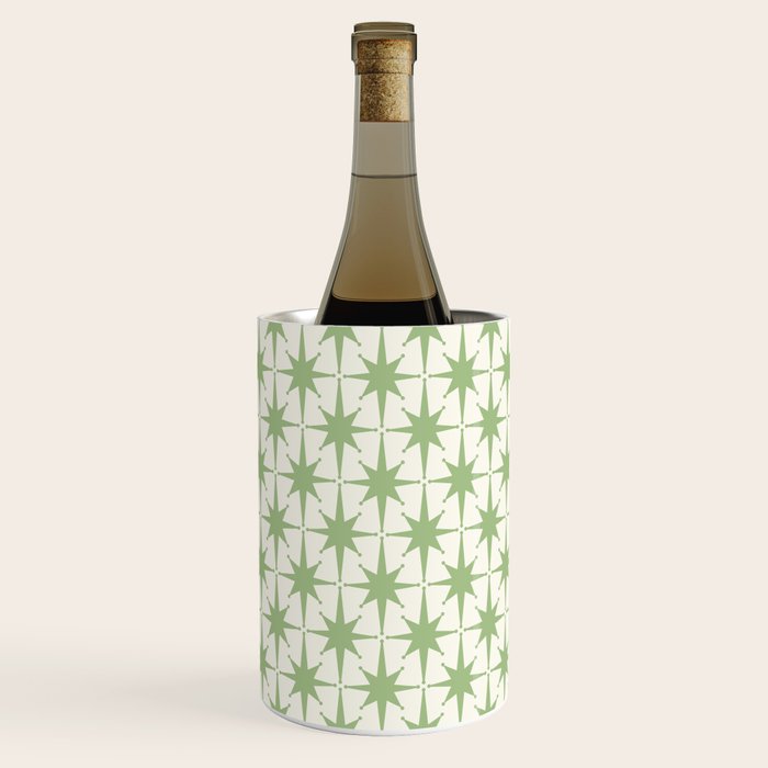 Mid Century Modern Atomic Stars Retro Starbursts Light Sage Green and Cream Pattern Wine Chiller Gallery Image 1