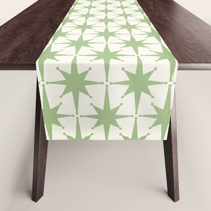 Mid Century Modern Atomic Stars Retro Starbursts Light Sage Green and Cream Pattern Table Runner Gallery Image 1