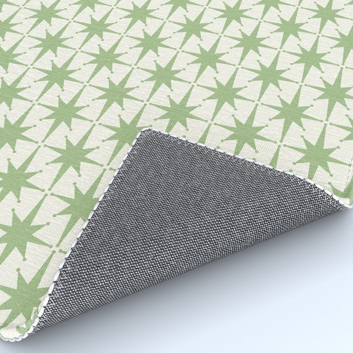 Mid Century Modern Atomic Stars Retro Starbursts Light Sage Green and Cream Pattern Rug Gallery Image 4
