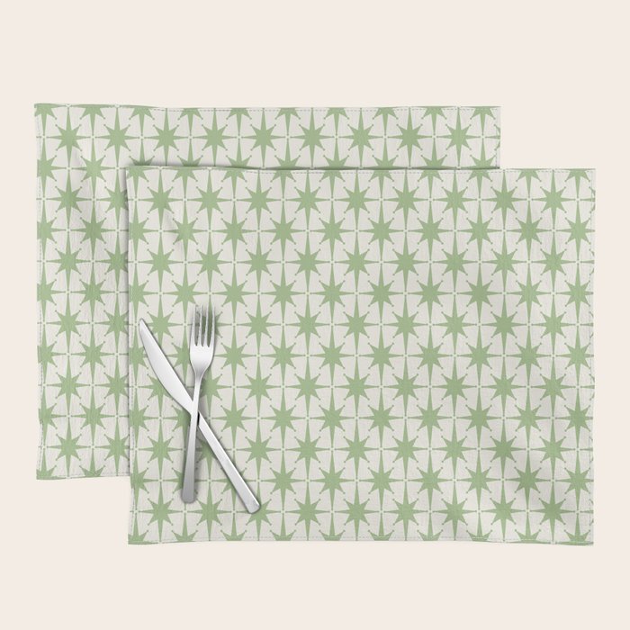 Mid Century Modern Atomic Stars Retro Starbursts Light Sage Green and Cream Pattern Placemat Gallery Image 1
