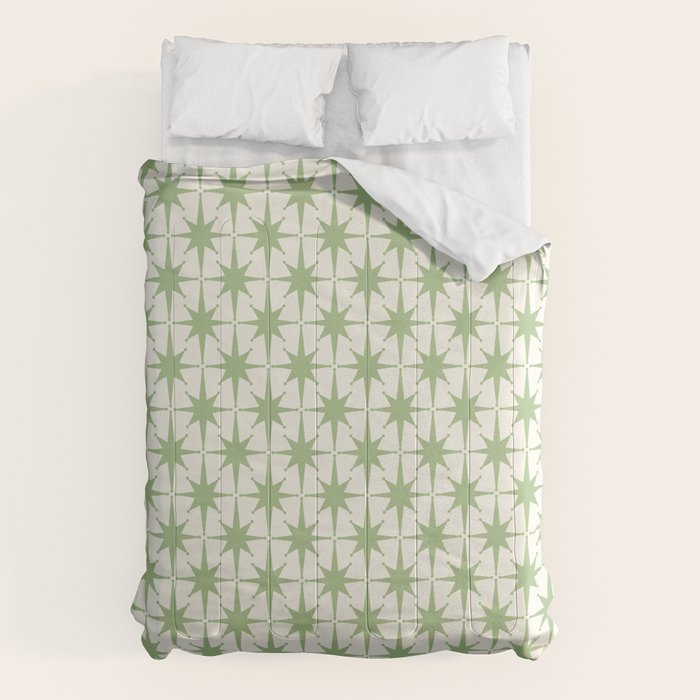 Mid Century Modern Atomic Stars Retro Starbursts Light Sage Green and Cream Pattern Comforter Gallery Image 1