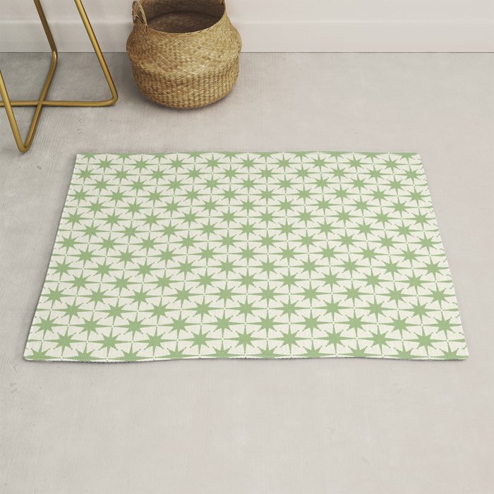 Mid Century Modern Atomic Stars Retro Starbursts Light Sage Green and Cream Pattern Rug Gallery Image 1