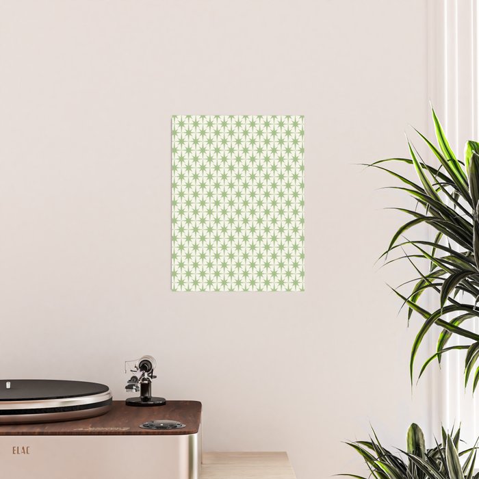 Mid Century Modern Atomic Stars Retro Starbursts Light Sage Green and Cream Pattern Poster Gallery Image 2