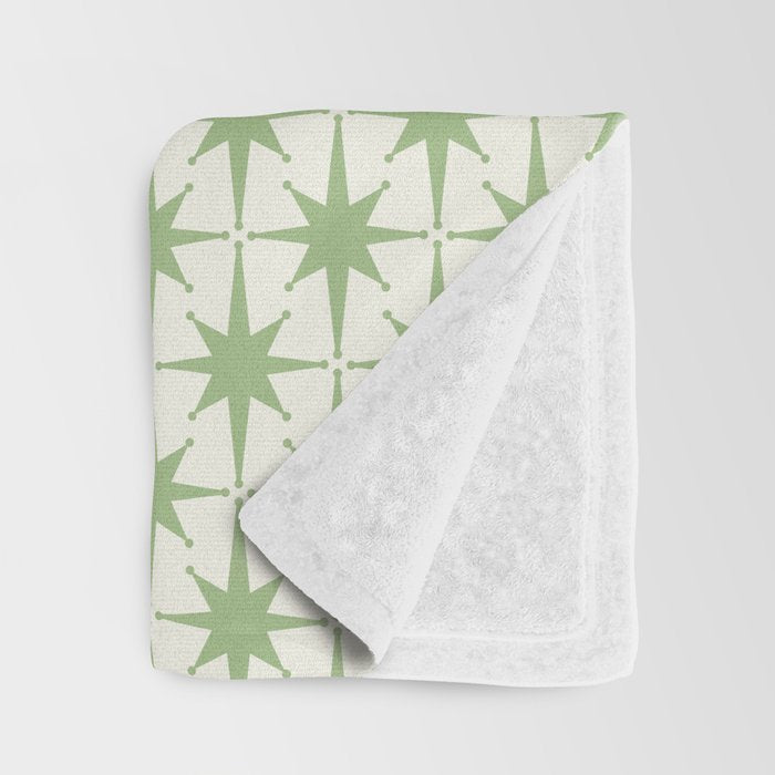 Mid Century Modern Atomic Stars Retro Starbursts Light Sage Green and Cream Pattern Throw Blanket Gallery Image 3