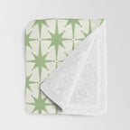 Mid Century Modern Atomic Stars Retro Starbursts Light Sage Green and Cream Pattern Throw Blanket Gallery Image 3