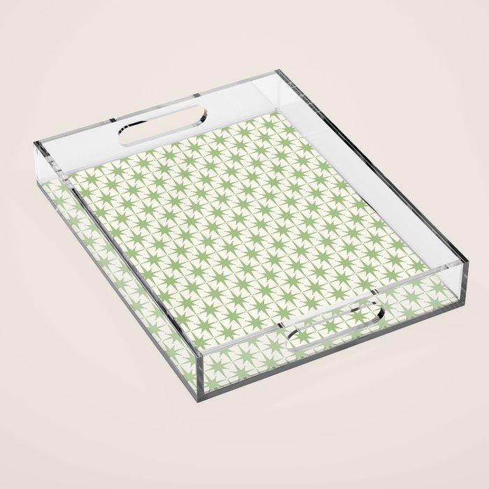 Mid Century Modern Atomic Stars Retro Starbursts Light Sage Green and Cream Pattern Acrylic Tray Gallery Image 1