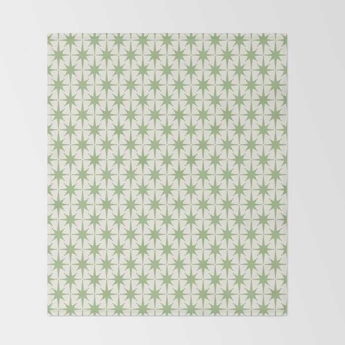 Mid Century Modern Atomic Stars Retro Starbursts Light Sage Green and Cream Pattern Throw Blanket Gallery Image 2