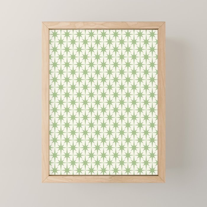 Mid Century Modern Atomic Stars Retro Starbursts Light Sage Green and Cream Pattern Mini Art Print Gallery Image 1