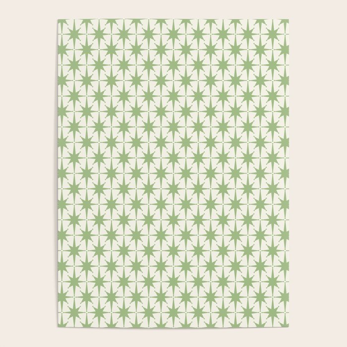 Mid Century Modern Atomic Stars Retro Starbursts Light Sage Green and Cream Pattern Poster Gallery Image 4