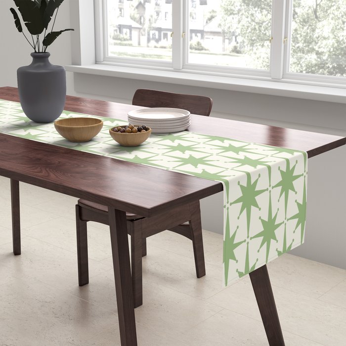 Mid Century Modern Atomic Stars Retro Starbursts Light Sage Green and Cream Pattern Table Runner Gallery Image 2