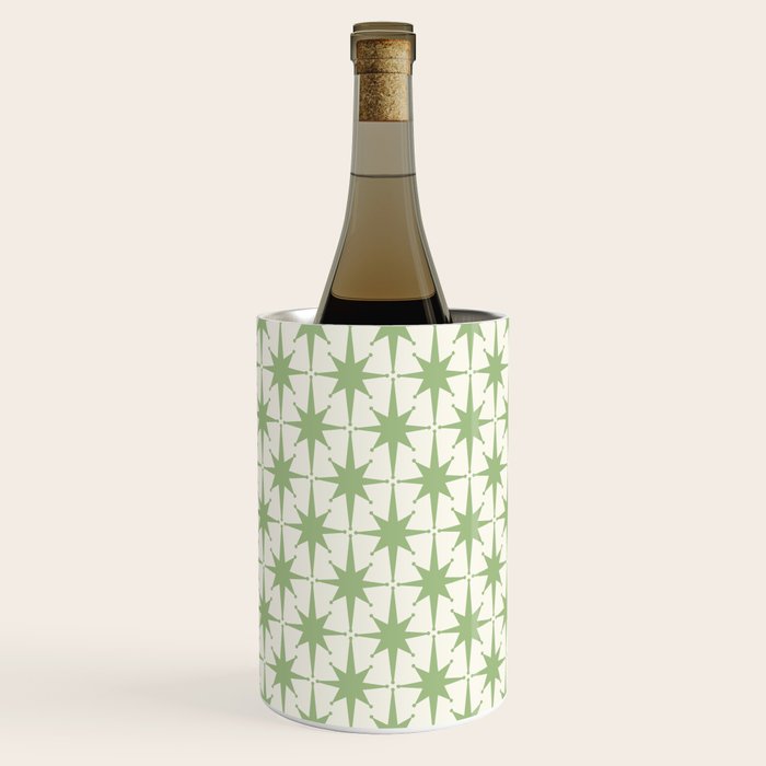 Mid Century Modern Atomic Stars Retro Starbursts Light Sage Green and Cream Pattern Wine Chiller Gallery Image 3
