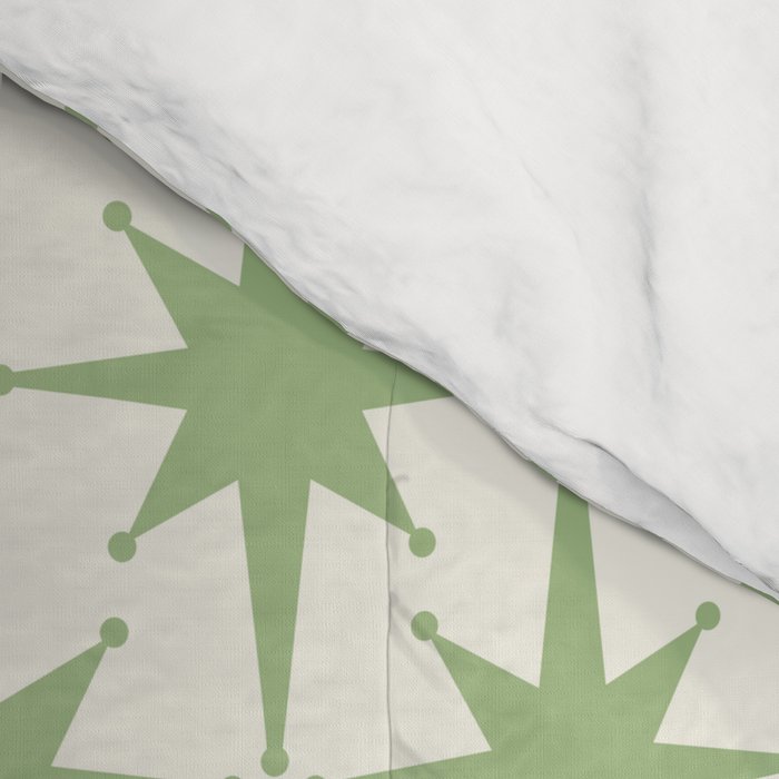 Mid Century Modern Atomic Stars Retro Starbursts Light Sage Green and Cream Pattern Comforter Gallery Image 4