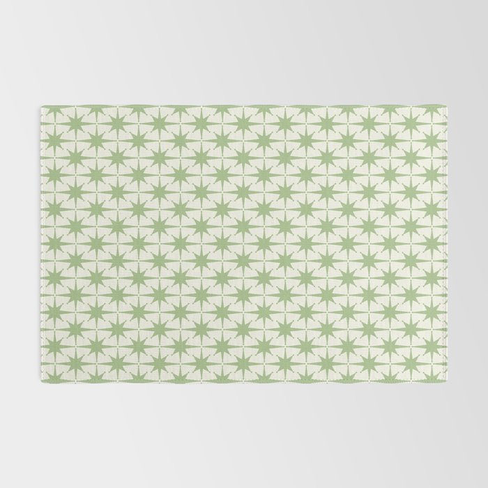 Mid Century Modern Atomic Stars Retro Starbursts Light Sage Green and Cream Pattern Rug Gallery Image 2
