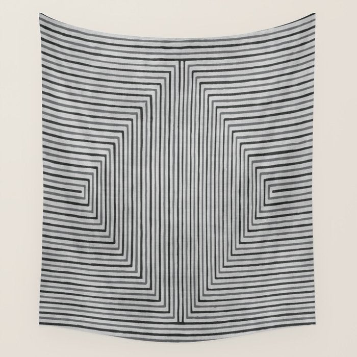 Black Gray Lines Abstract Geometric Minimalism Artwork Wall Tapestry Gallery Image 4