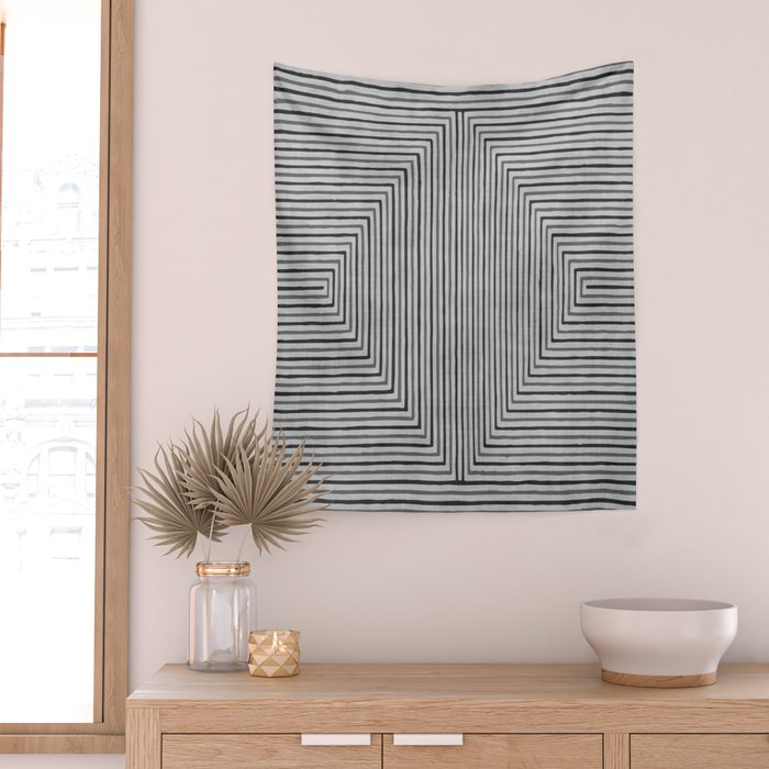 Black Gray Lines Abstract Geometric Minimalism Artwork Wall Tapestry Gallery Image 2