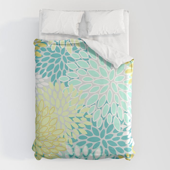Floral Prints, Teal, Turquoise and Yellow Duvet Cover Gallery Image 6