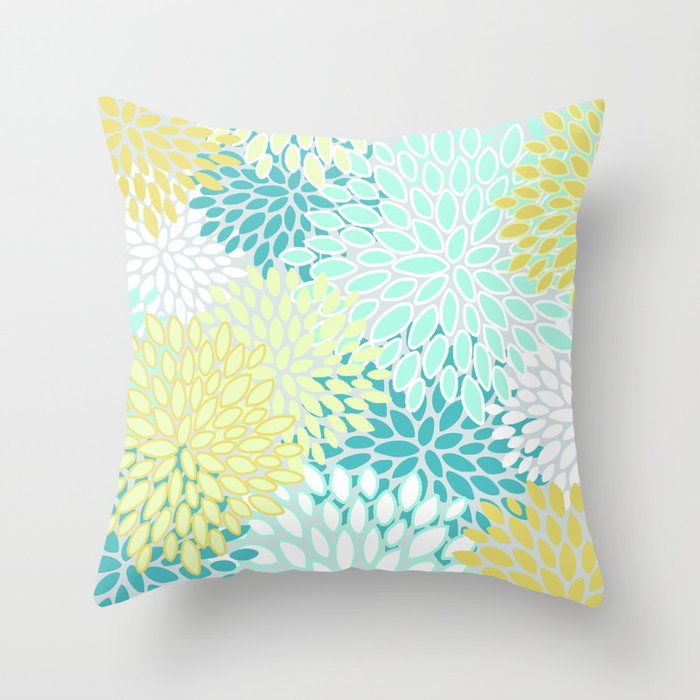 Floral Prints, Teal, Turquoise and Yellow Throw Pillow Gallery Image 6