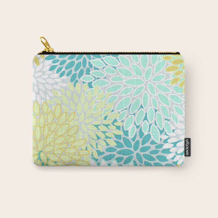 Floral Prints, Teal, Turquoise and Yellow Carry All Pouch Gallery Image 1
