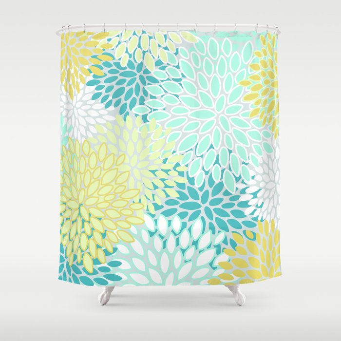 Floral Prints, Teal, Turquoise and Yellow Shower Curtain Gallery Image 1