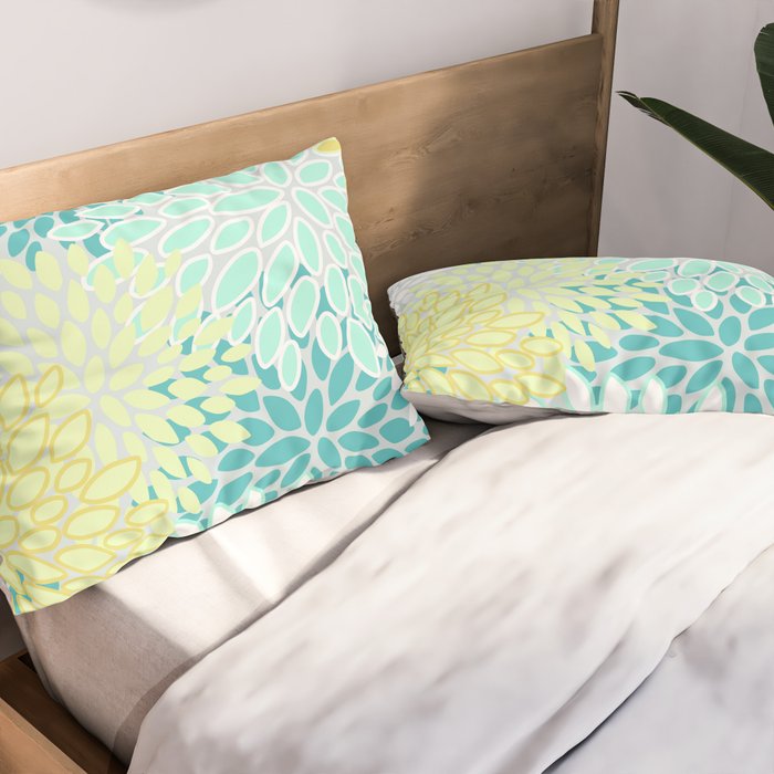 Floral Prints, Teal, Turquoise and Yellow Pillow Sham Gallery Image 2