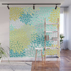 Floral Prints, Teal, Turquoise and Yellow Wall Mural Gallery Image 1
