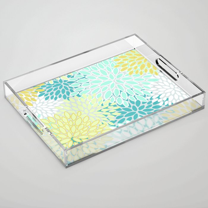Floral Prints, Teal, Turquoise and Yellow Acrylic Tray Gallery Image 1