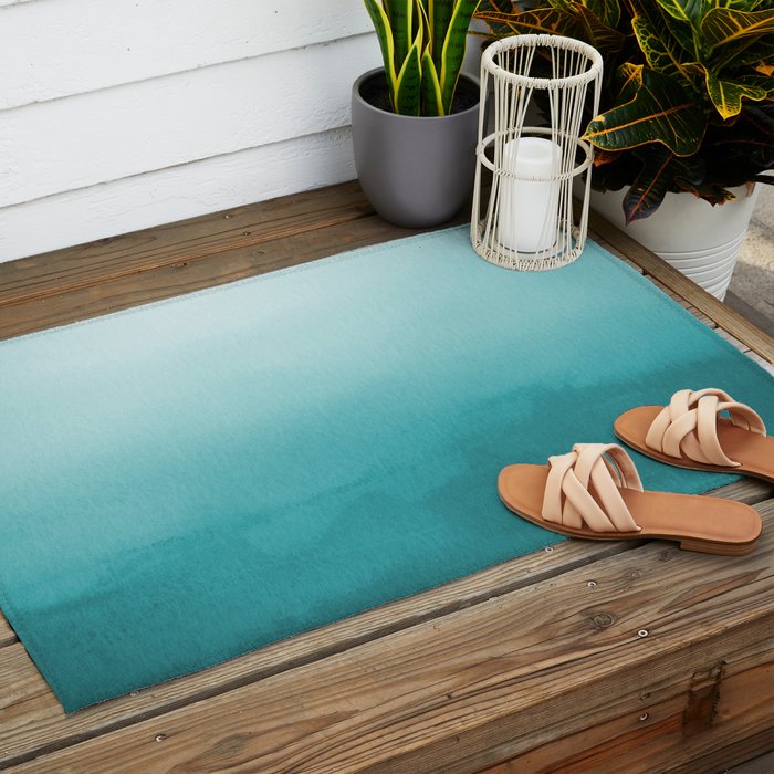 Best Seller Aqua Teal Turquoise Watercolor Ombre Gradient Blend Abstract Art - Aquarium SW 6767 Outdoor Rug Gallery Image 2