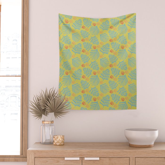 Winter & Woodsy Pine Trees in Yellow & Blue Wall Tapestry Gallery Image 2