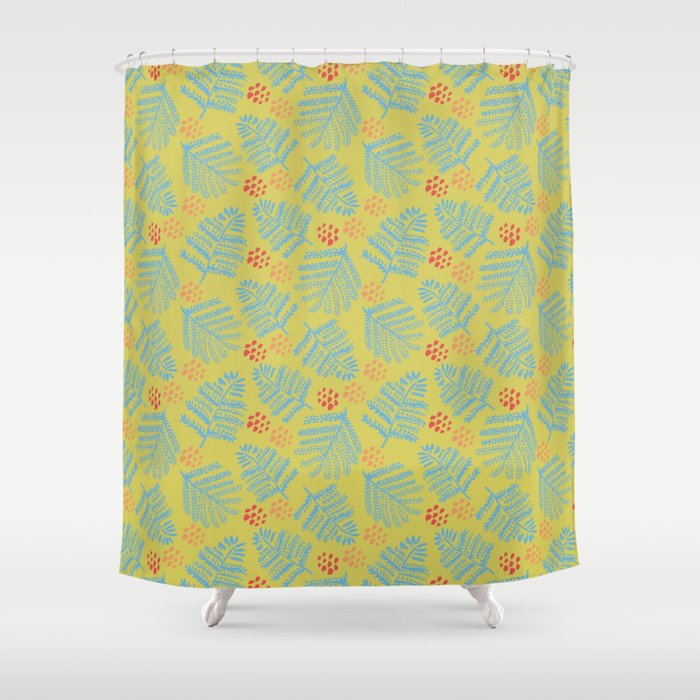 Winter & Woodsy Pine Trees in Yellow & Blue Shower Curtain Gallery Image 1