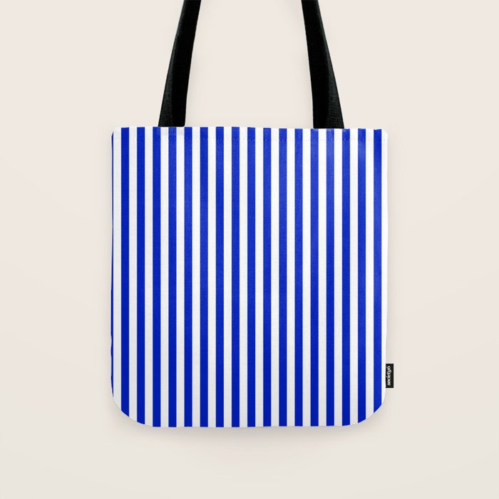 Cobalt Blue and White Vertical Deck Chair Stripe Tote Bag Gallery Image 1