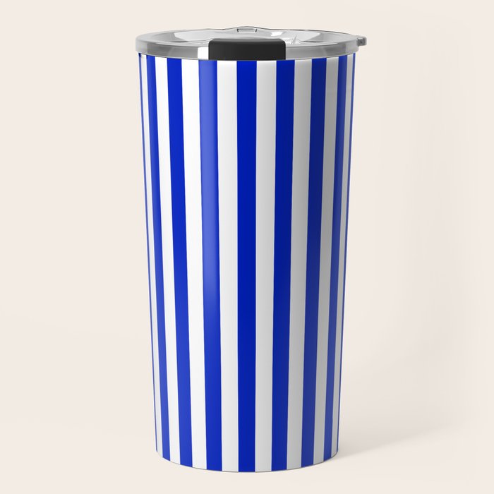 Cobalt Blue and White Vertical Deck Chair Stripe Travel Mug Gallery Image 1